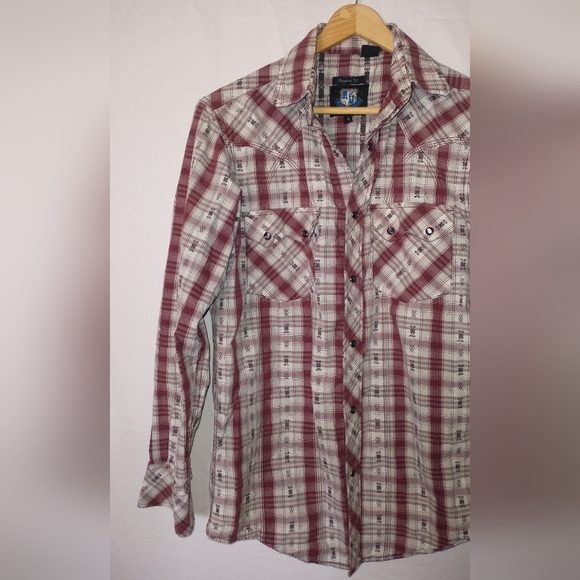 Southwest Rodeo Cowboy Red and White Plaid Button-Up Shirt Small - Picture 2 of 4